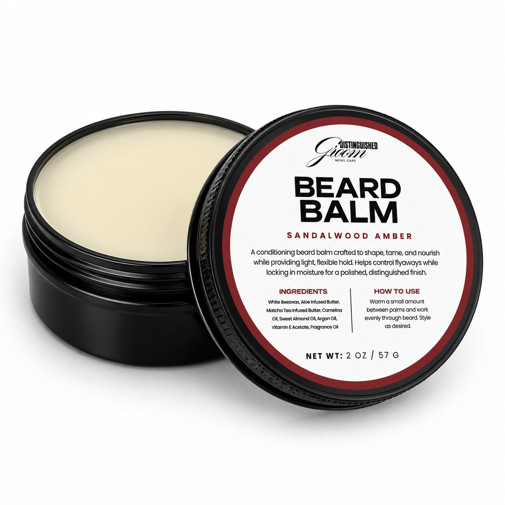 Beard balm container with open lid on a white background