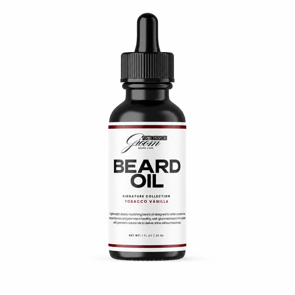 Bottle of Distinguished Groom Tobacco Vanilla beard oil on a white background