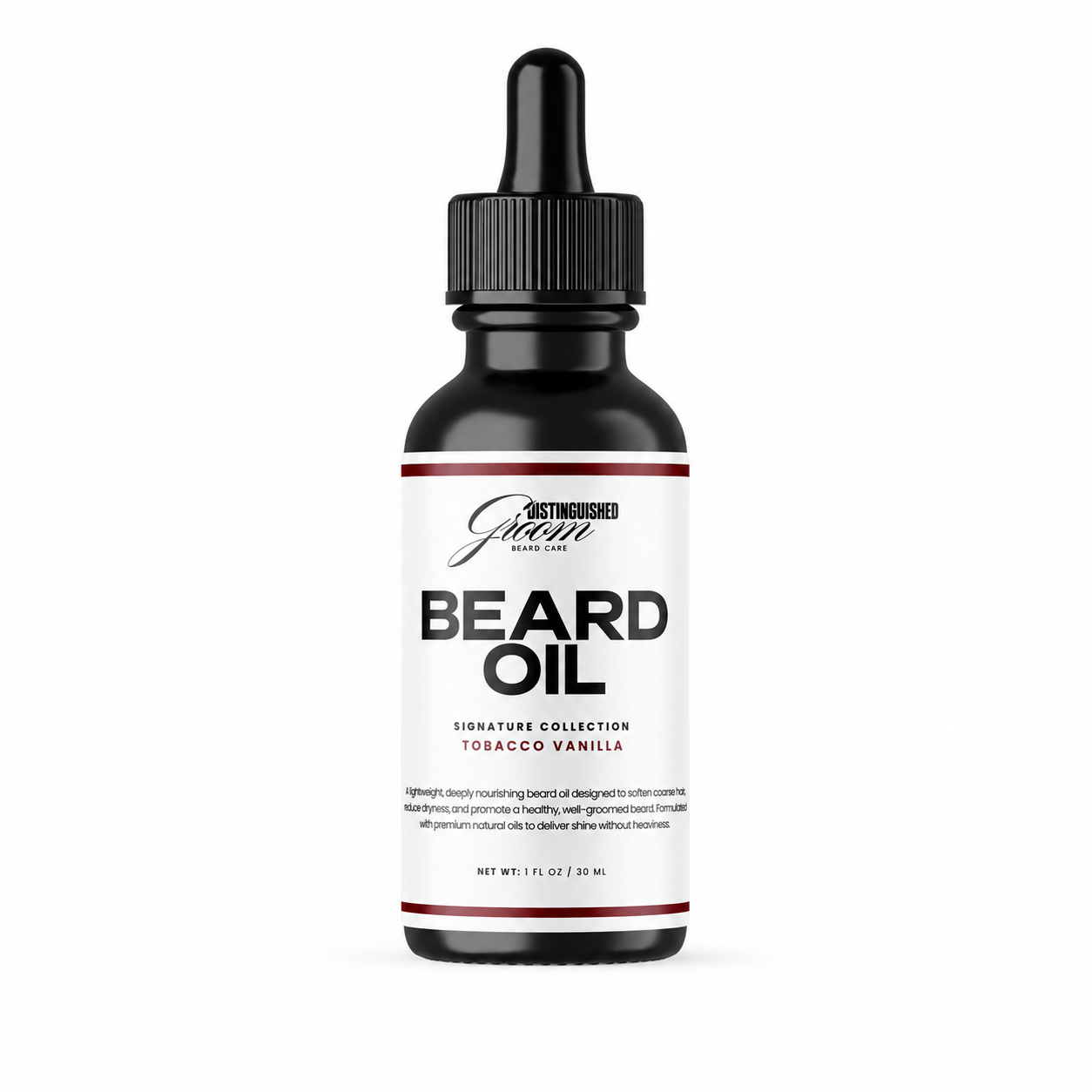 Bottle of Distinguished Groom Tobacco Vanilla beard oil on a white background