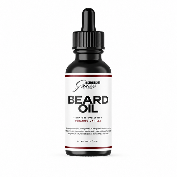 Bottle of Distinguished Groom Tobacco Vanilla beard oil on a white background