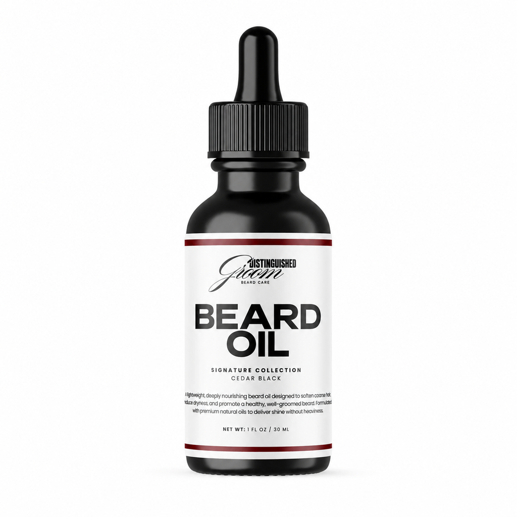 Bottle of Distinguished Groom beard oil on a white background