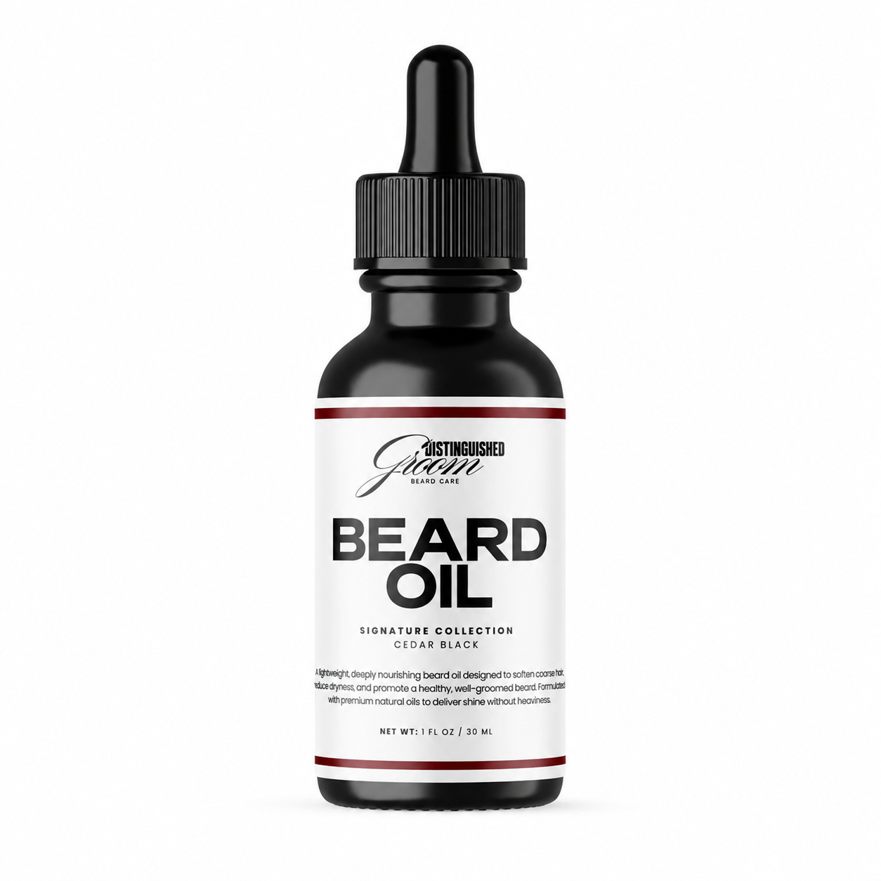 Bottle of Distinguished Groom beard oil on a white background