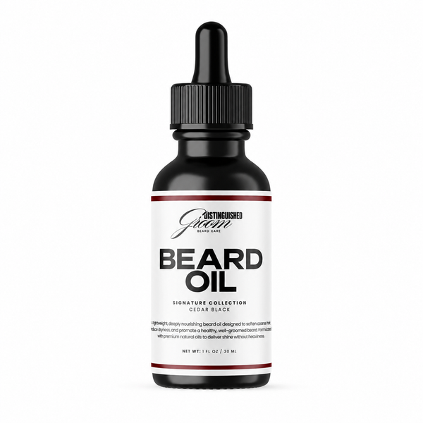 Bottle of Distinguished Groom beard oil on a white background
